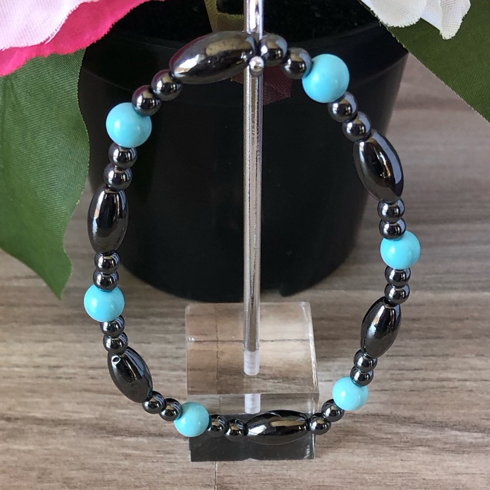 Natural Turquoise Stone Stretchable Hematite Beaded Bracelet